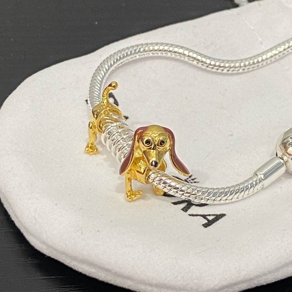 Pandora Silver Bracelet with Gold & Brown Dog Charm - Picture 2 of 3